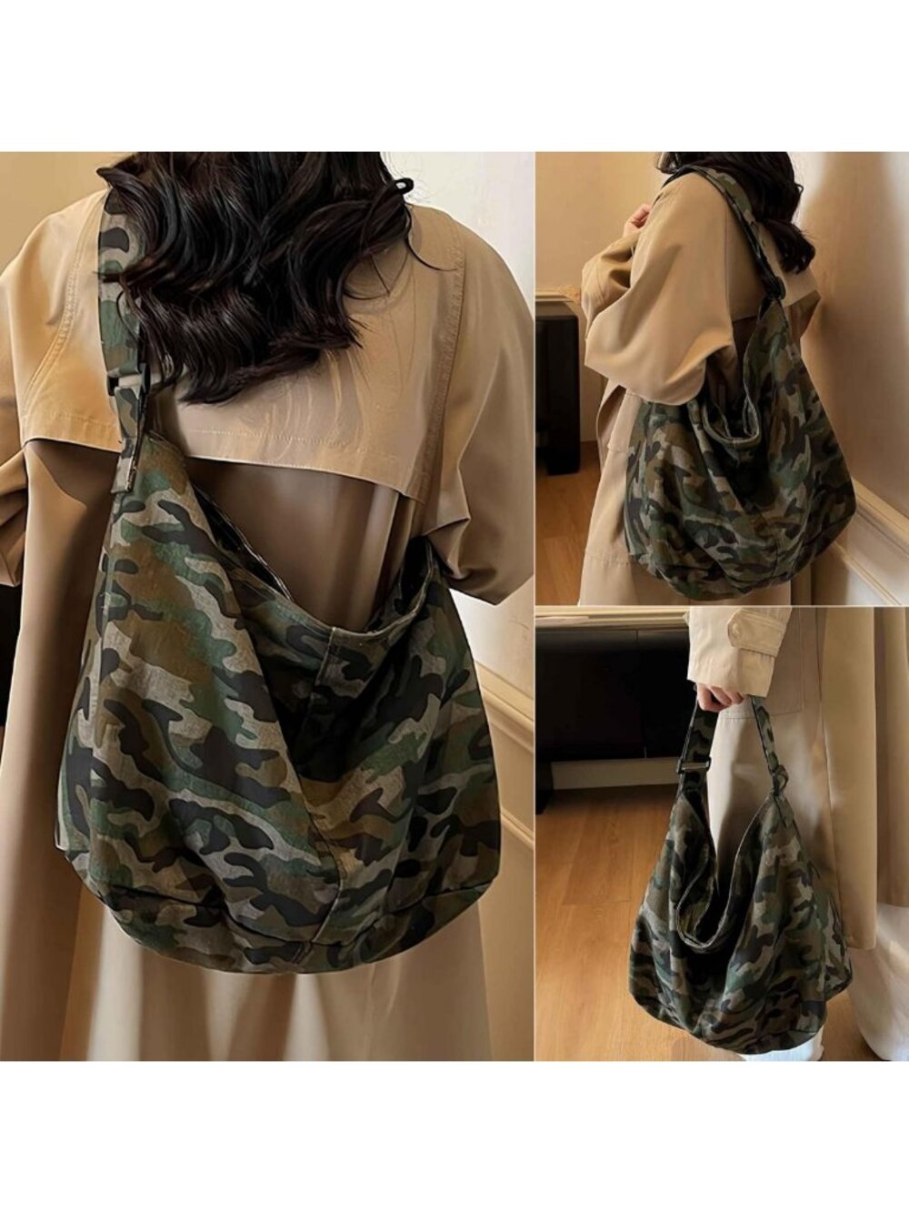 Stylish Camo Crossbody Bag for Women & Men, Large Canvas Hobo Tote, Vintage - Picture 2 of 9